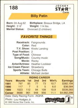 1992 Jockey Star #188 Billy Patin Back
